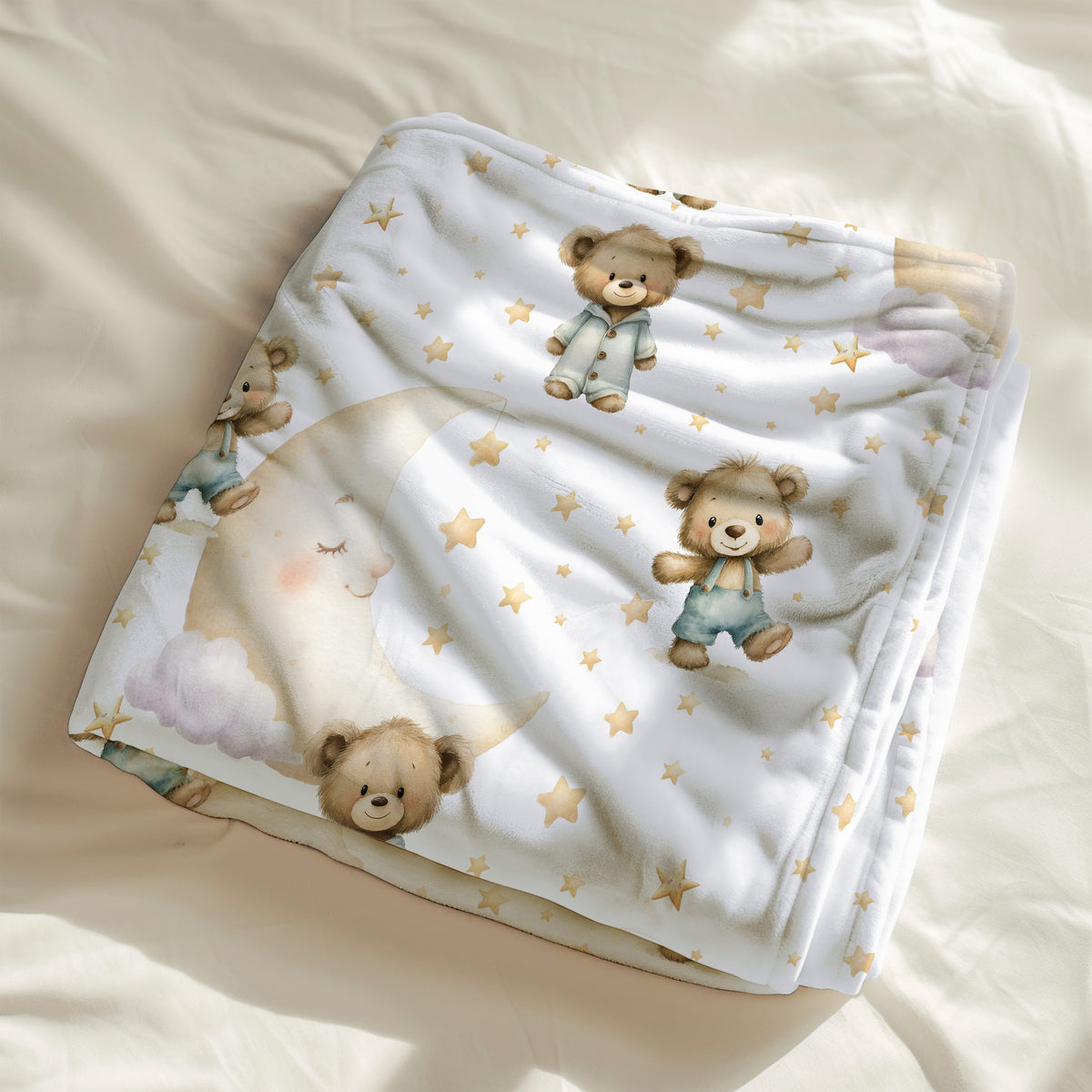 couverture, calinou doudou avec motif de petit ours, ourson avec lune et petites étoiles par 4timini