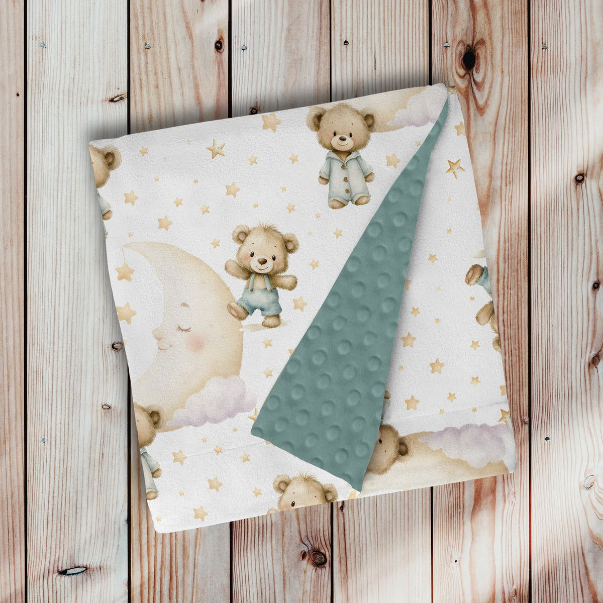 doudou, couverture en minky avec endos en minky dot, à pois, texturé, ultra douce, motif Le petit rêveur, petit ours, ourson avec lune et petites étoiles avec l'endos vert sauge foncé par 4timini