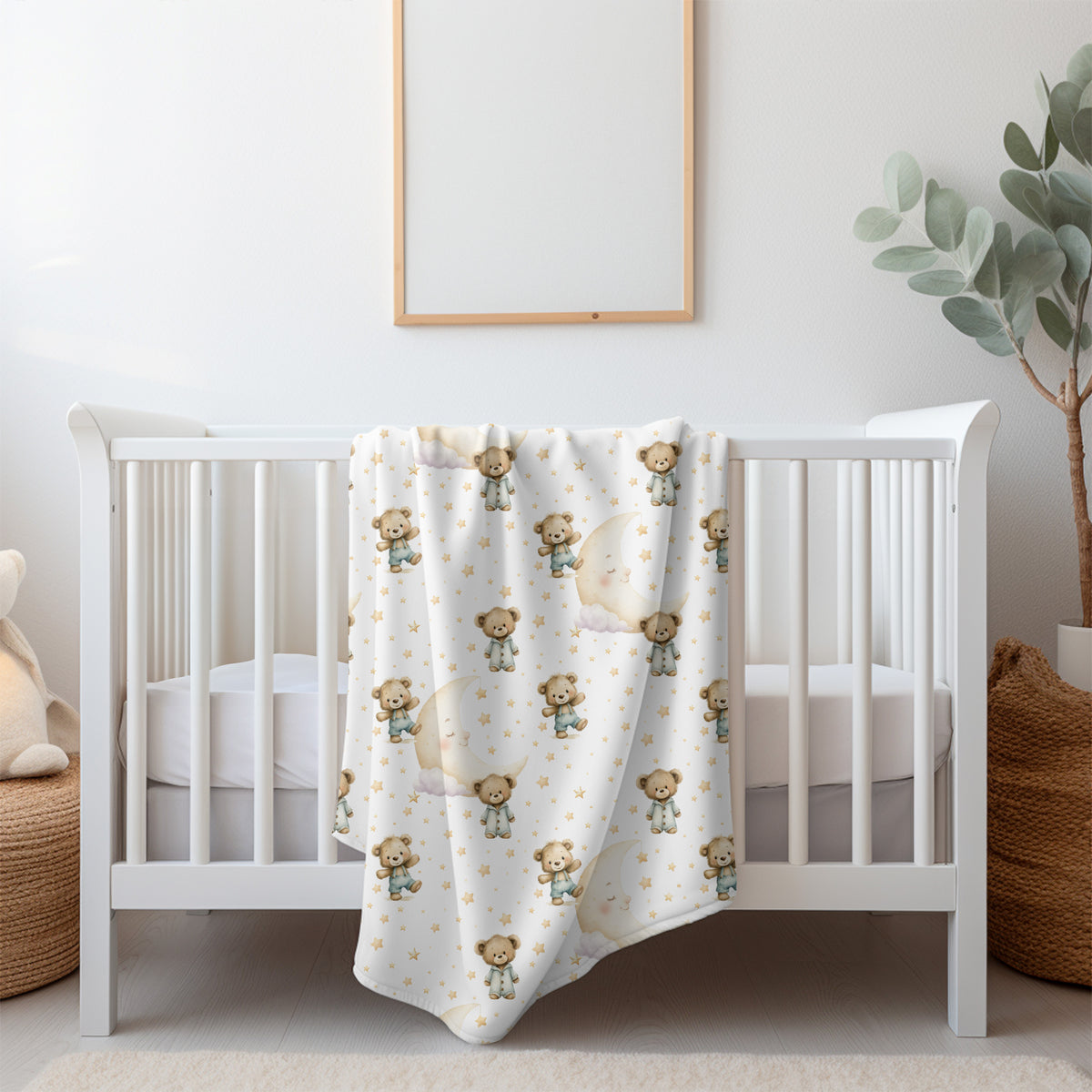 couverture, doudou petit ours, ourson avec lune et petites étoiles par 4timini