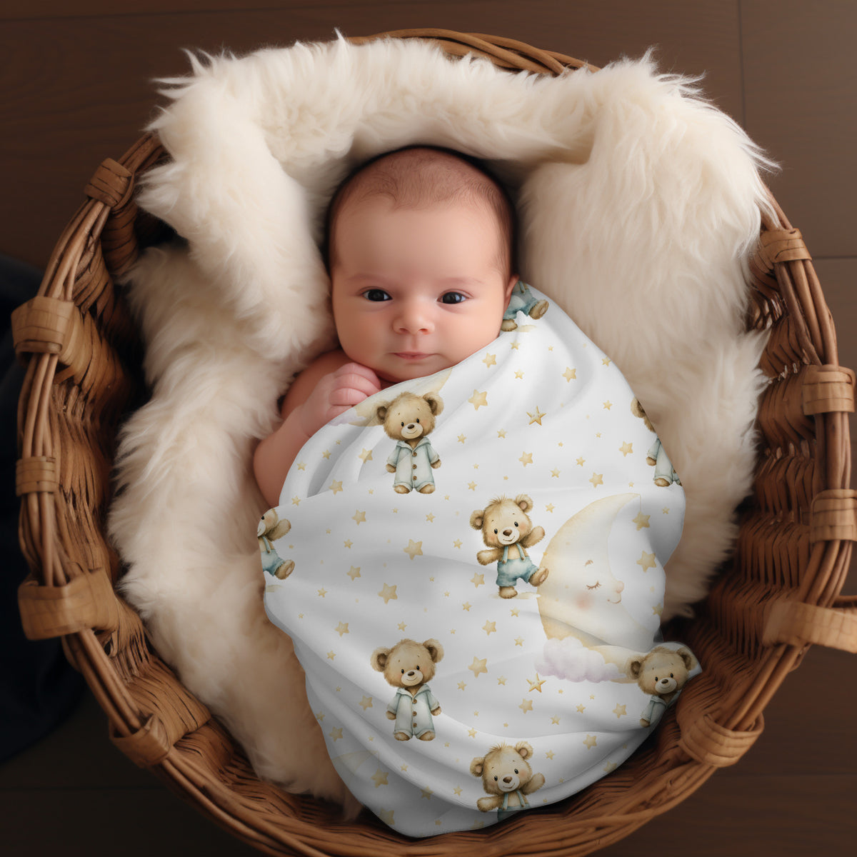 Couverture d'emmaillotage en mousseline de bambou et coton pour bébé, doudou motif Le petit rêveur, ourson, ours, lune, étoile, nuage, dodo, nuit par 4Timini