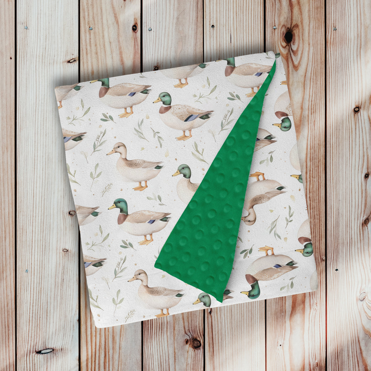 doudou, couverture en minky avec endos en minky dot, à pois, texturé, ultra douce, motif Les mallard, motif neutre de canard mallard, colvert avec endos vert melon par 4timini
