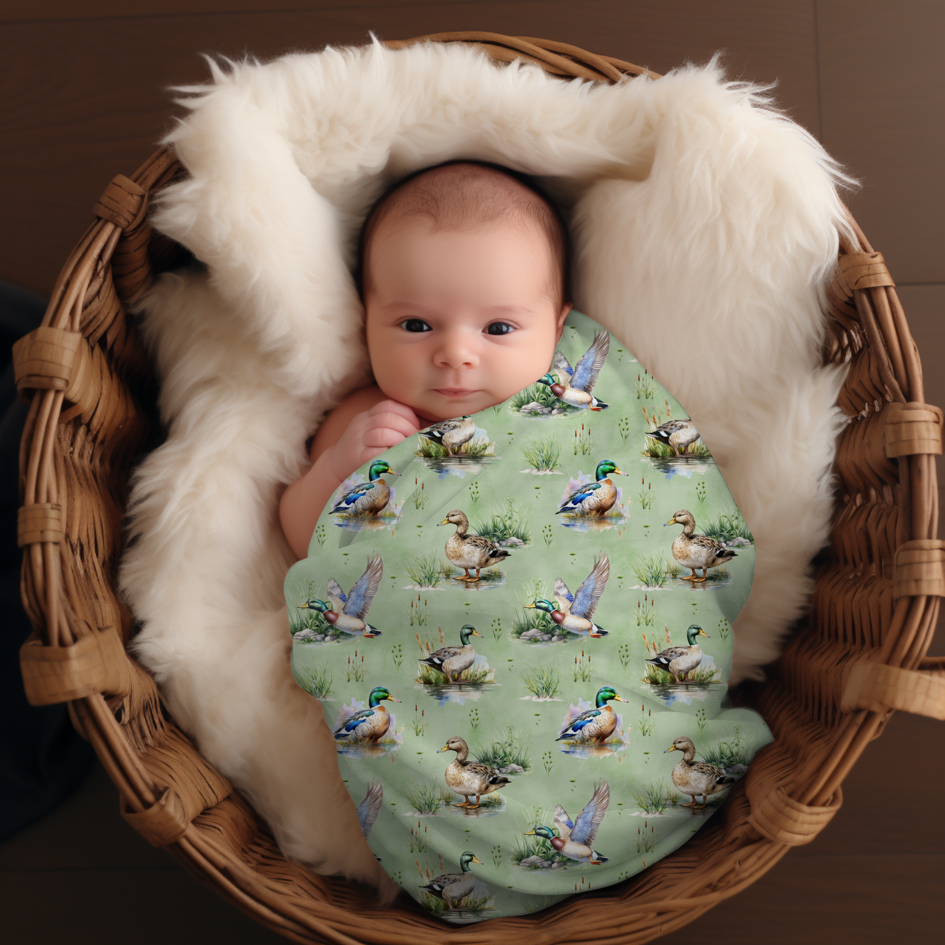 Couverture d'emmaillotage en mousseline de bambou et coton pour bébé, doudou motif  Les amis de l'étang, canard, mallard, colvert par 4Timini.
