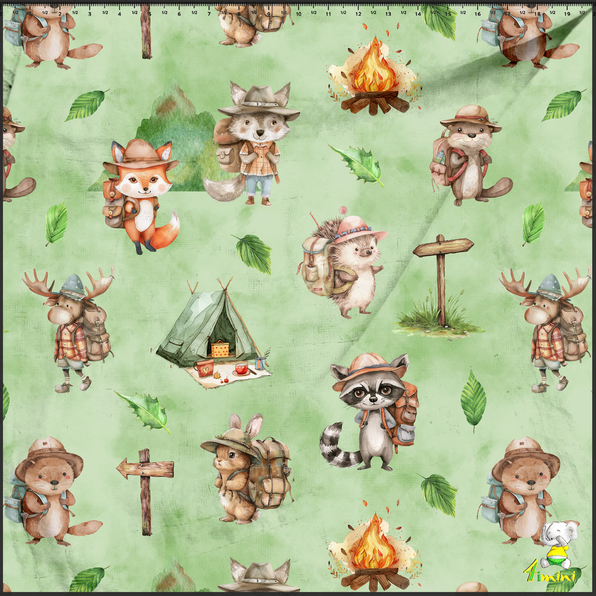 motif d'aminaux en expédition, explorateur de la forêt avec des oringal, raton laveur, lapin, loup, renard, castor, hérisson, feu, tente