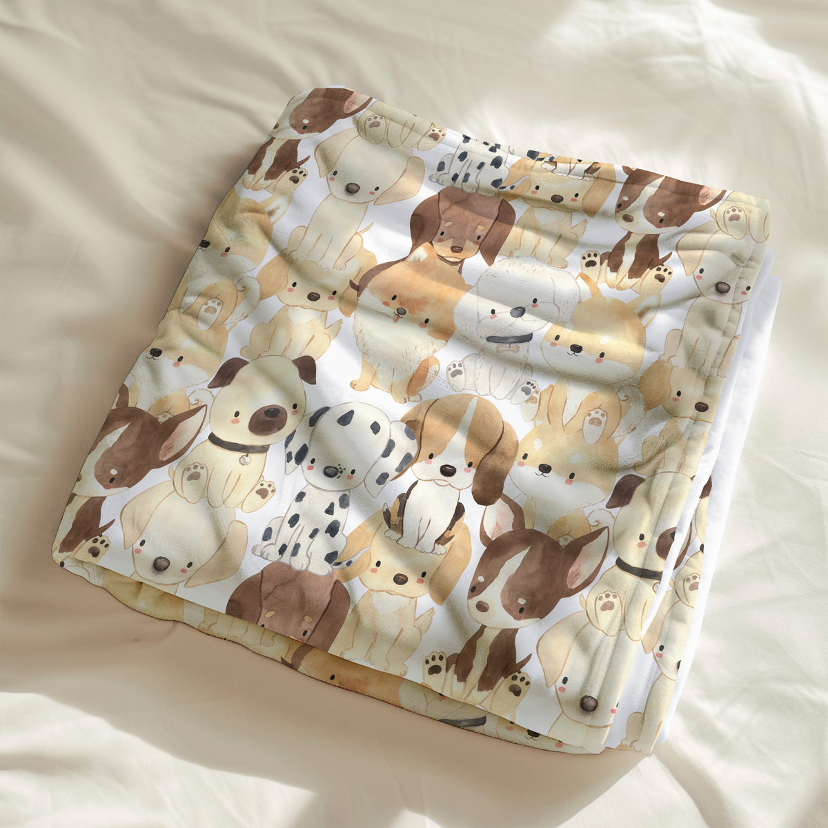 couverture, calinou doudou avec motif de pitou, chien, chiot, aquarelle avec Dalmatien, Teckel, Beagle, Bouledogue français