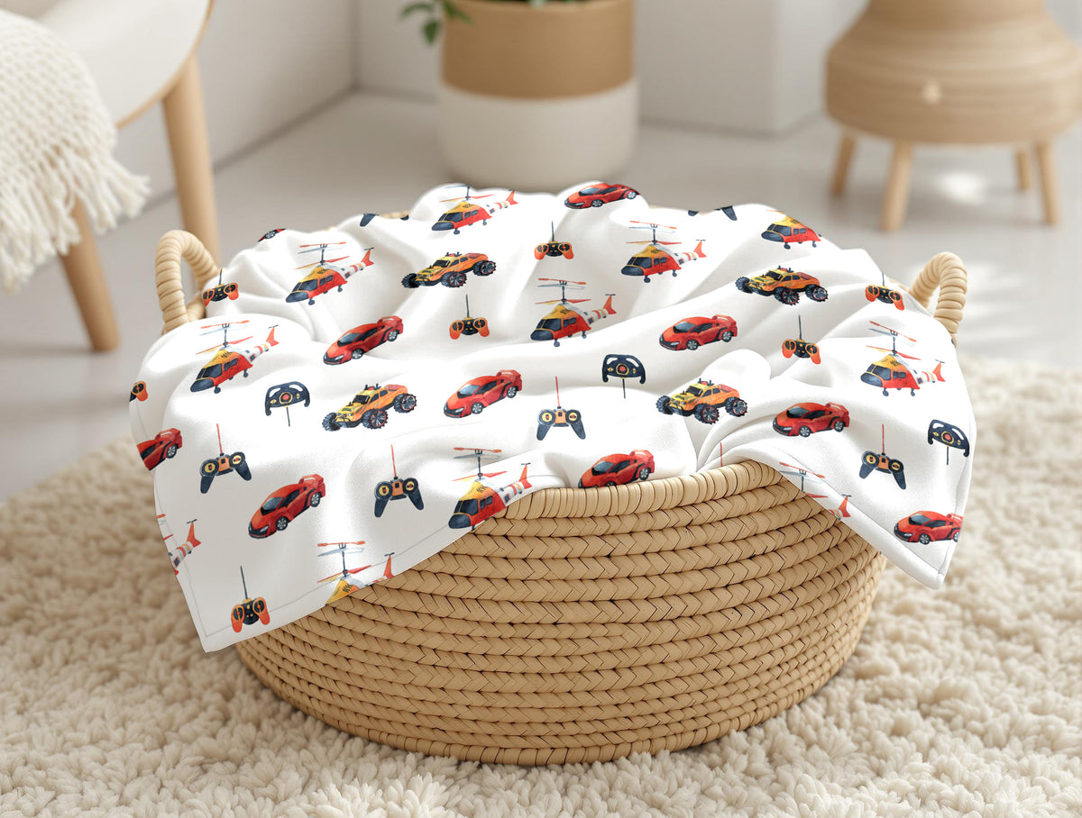 Couverture, calinou doudou ultra-douce avec motif véhicule téléguidé, voiture, manette, hélicoptère, camion, monstertruck par 4timini