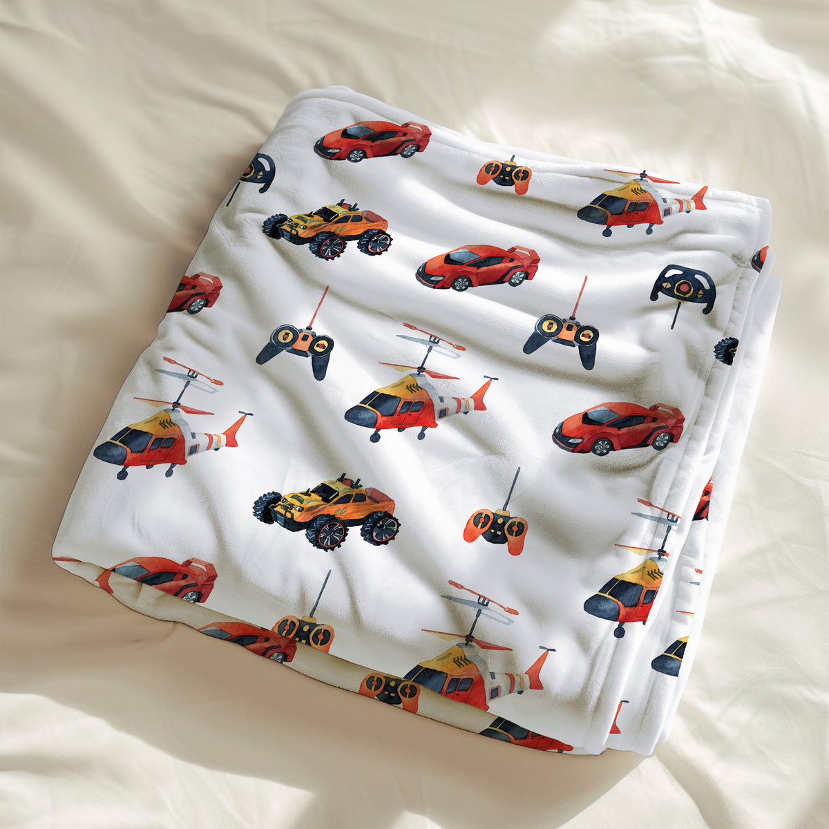 Couverture, calinou doudou avec motif véhicule téléguidé, voiture, manette, hélicoptère, camion, monstertruck par 4timini