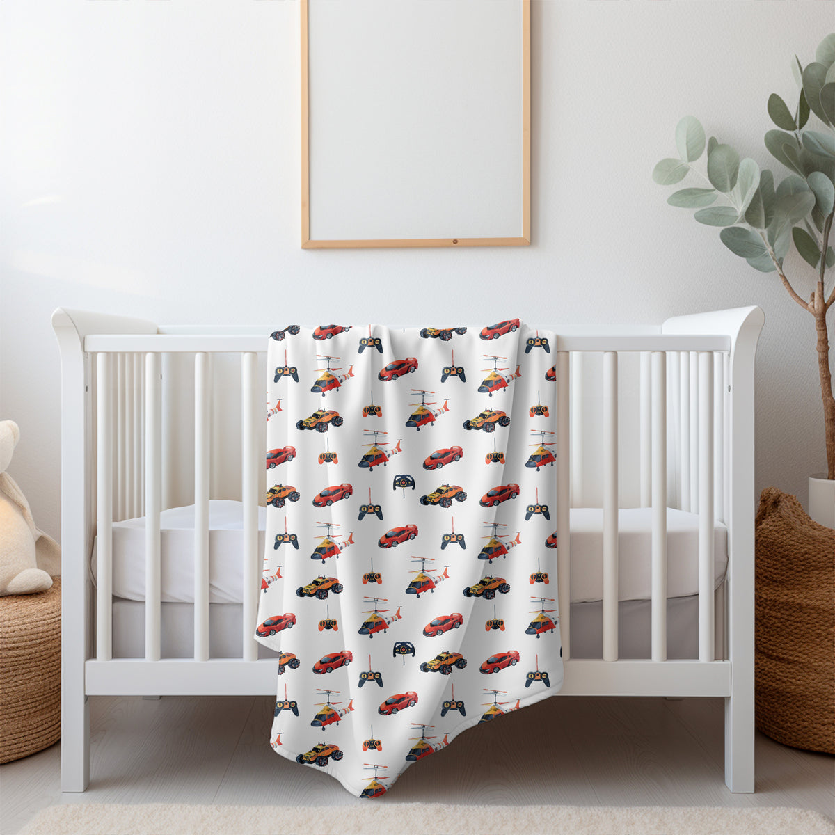 Couverture, doudou avec motif véhicule téléguidé, voiture, manette, hélicoptère, camion, monstertruck