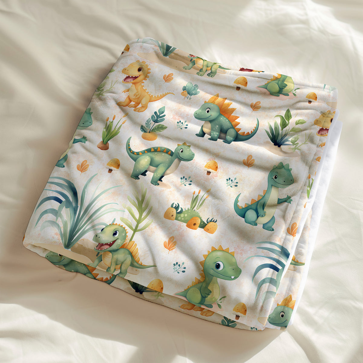 couverture de bébé, calinou doudou ultra-douce motif Le temps des dinosaures, stégosaure, diplo, tyranosaure (T-Rex), triceratops, dino orange, vert, sauge, turquoise, feuillage par 4Timini.