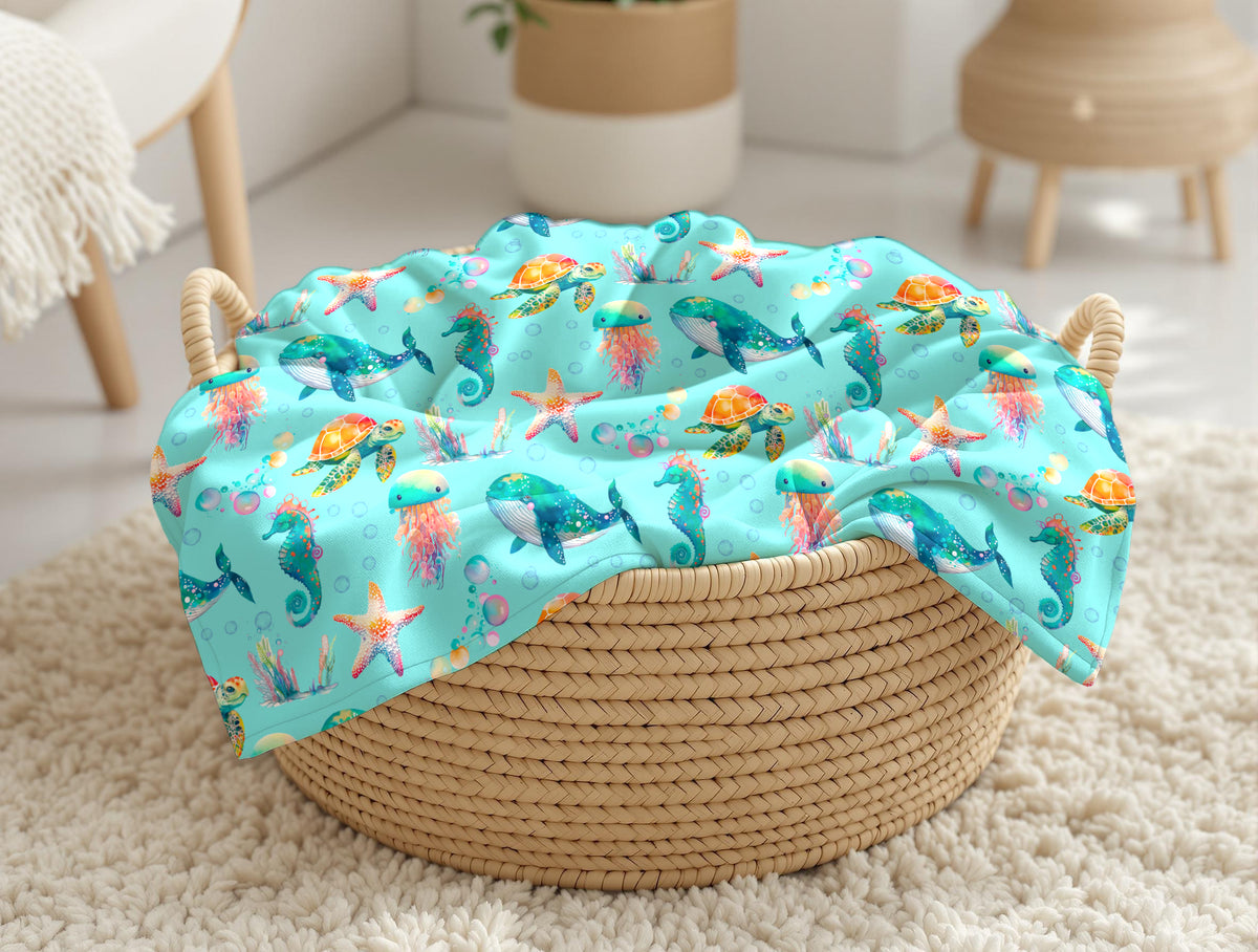 couverture, calinou doudou ultra-douce avec motif animaux marin, baleine, méduse, tortue, étoile de mer, hippocampe, océan, mer, bulle par 4timini