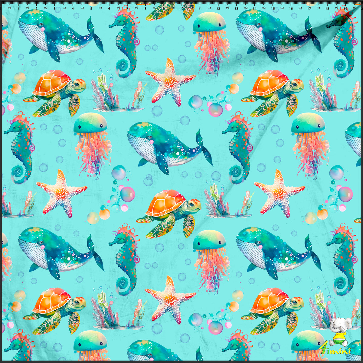 Motif animaux marin, baleine, méduse, tortue, étoile de mer, hippocampe, océan, mer, bulle