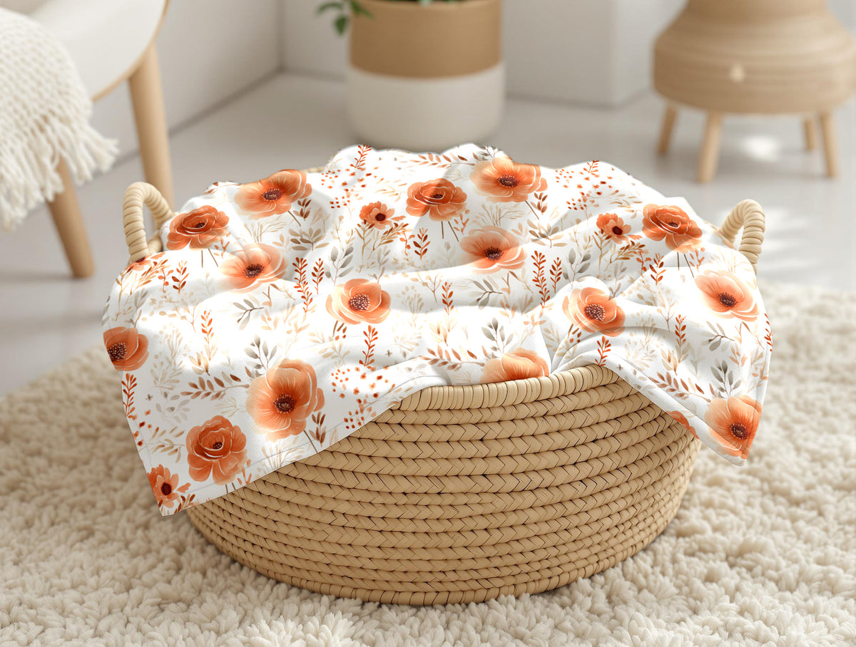 Couverture, calinou doudou ultra-douce avec motif de fleurs orangé, terracotta, avec feuillage, beige, taupe