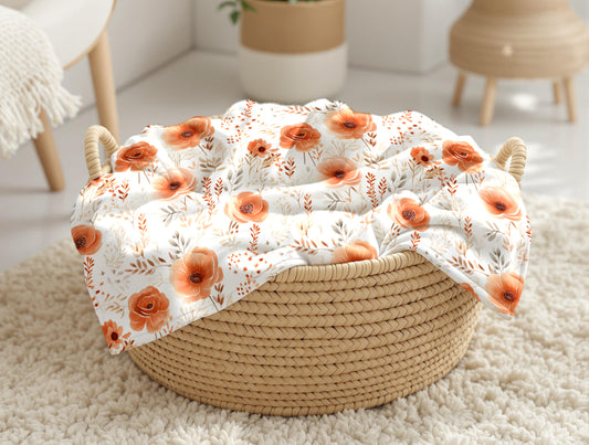 Couverture, calinou doudou ultra-douce avec motif de fleurs orangé, terracotta, avec feuillage, beige, taupe