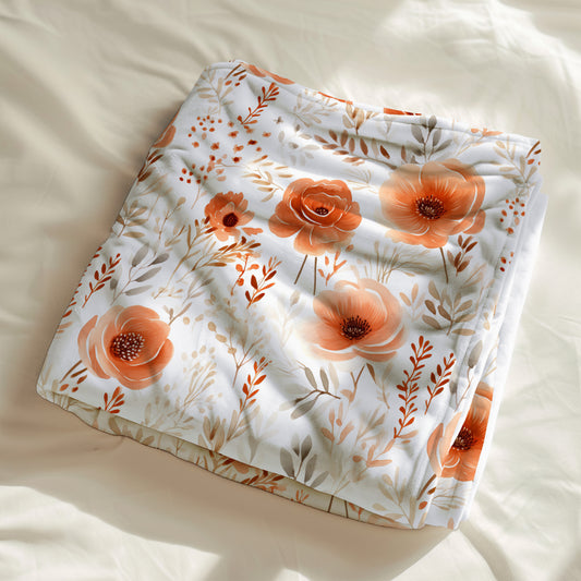 Couverture, calinou doudou avec motif de fleurs orangé, terracotta, avec feuillage, beige, taupe