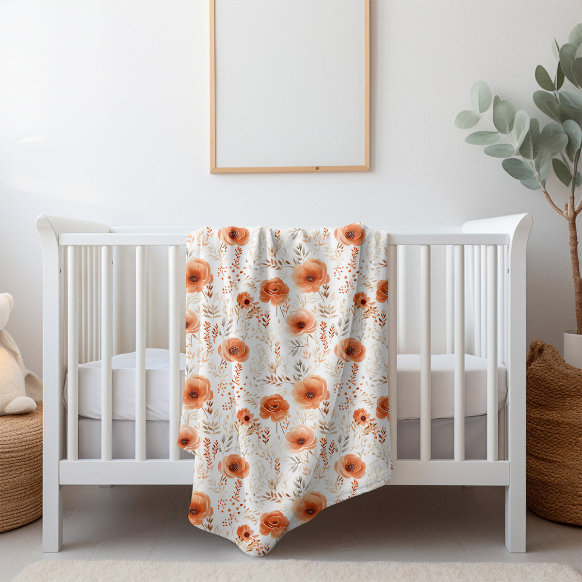 Couverture, doudou avec motif de fleurs orangé, terracotta, avec feuillage, beige, taupe