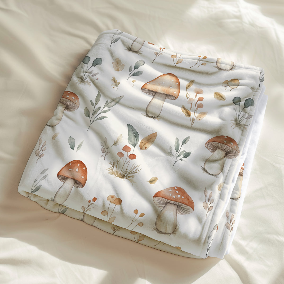 couverture, calinou doudou  avec motif de champignons forestiers et feuillage aquarelle par 4timini