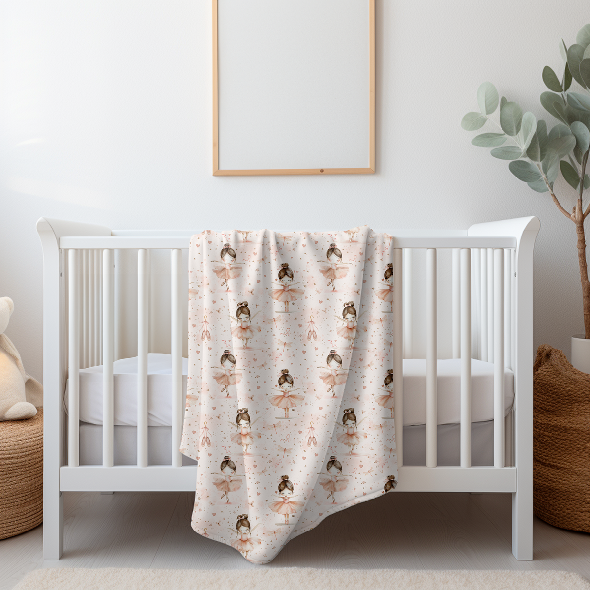 Couverture, doudou avec motif de petite danceuse de ballet, ballerine avec son chausson, libellule, coeur, ruban rose par 4timini