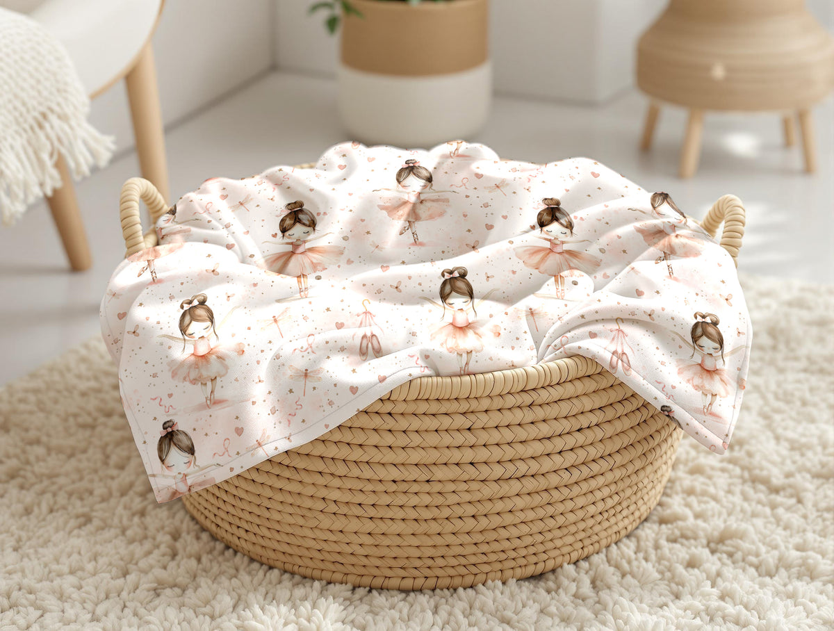 Couverture, calinou doudou ultra-douce avec motif de petite danceuse de ballet, ballerine avec son chausson, libellule, coeur, ruban rose par 4timini