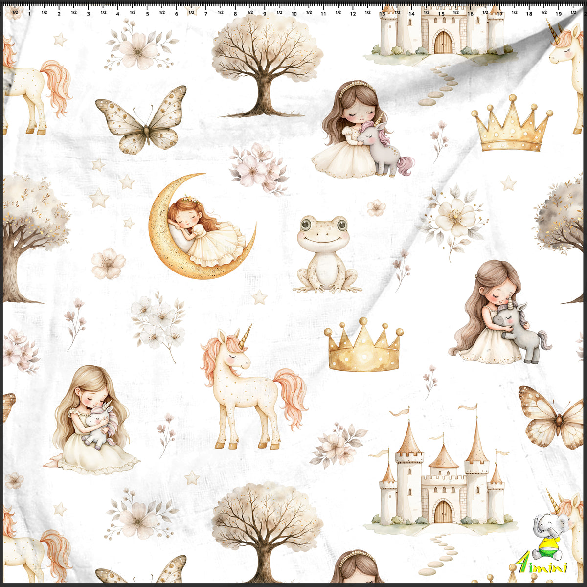Motif Petit monde de princesses et de licornes dans son chateau, avec grenouille, couronne, papillon, fleurs