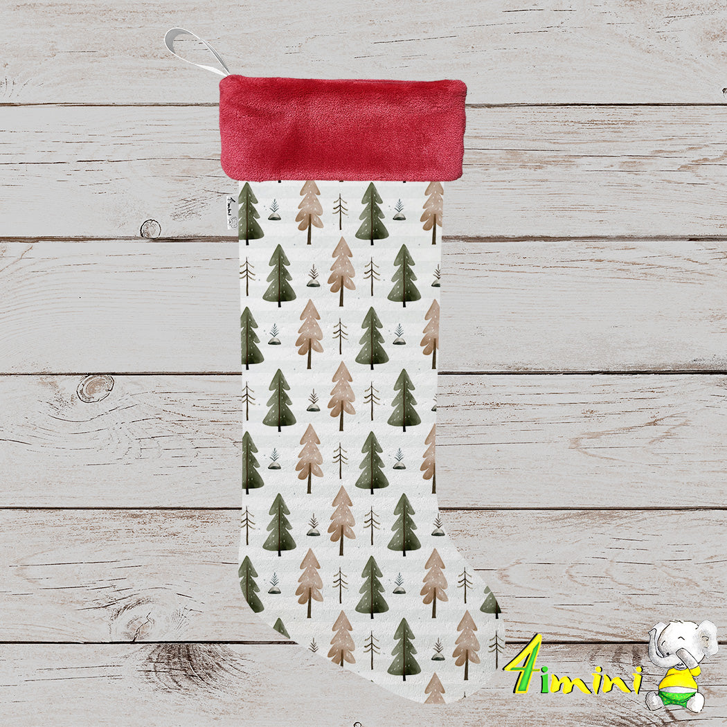 Bas de noël format à cadeau avec bordure rouge, avec le motif de sapins , conifères vert et brun par 4Timini