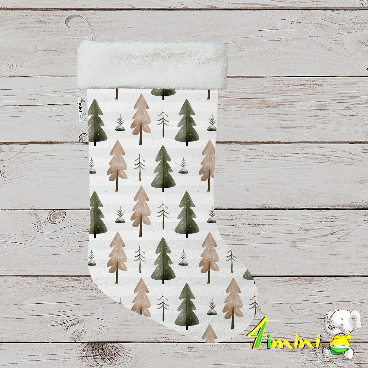 Bas de noël format décoratif avec bordure blanche, avec le motif de sapins , conifères vert et brun par 4Timini