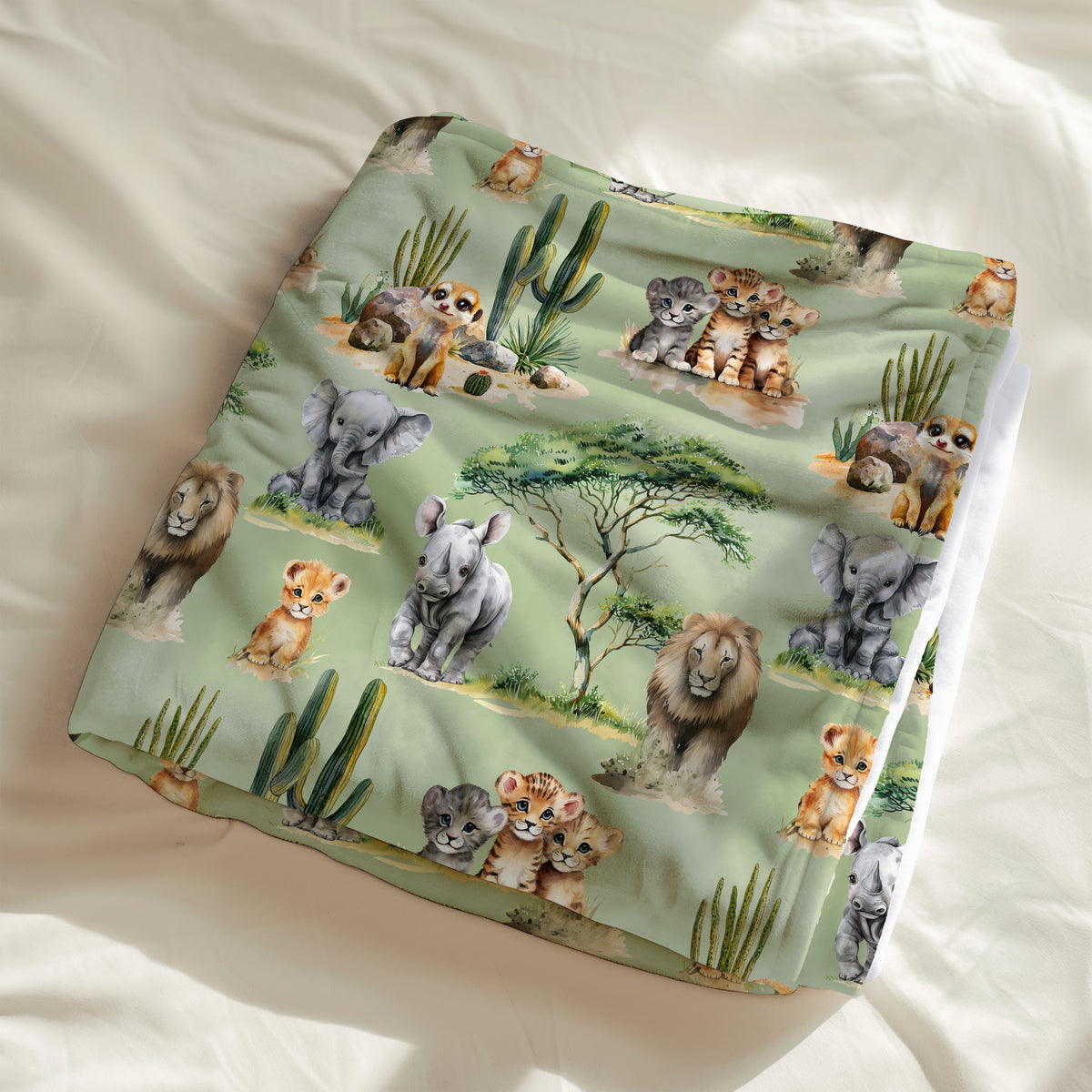 couverture, calinou doudou ultra-douce motif de savane, safari, éléphant, lion, lionceau, tigre, rhinocéros, suricate par 4timini