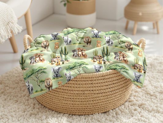 couverture, calinou doudou motif de savane, safari, éléphant, lion, lionceau, tigre, rhinocéros, suricate par 4timini