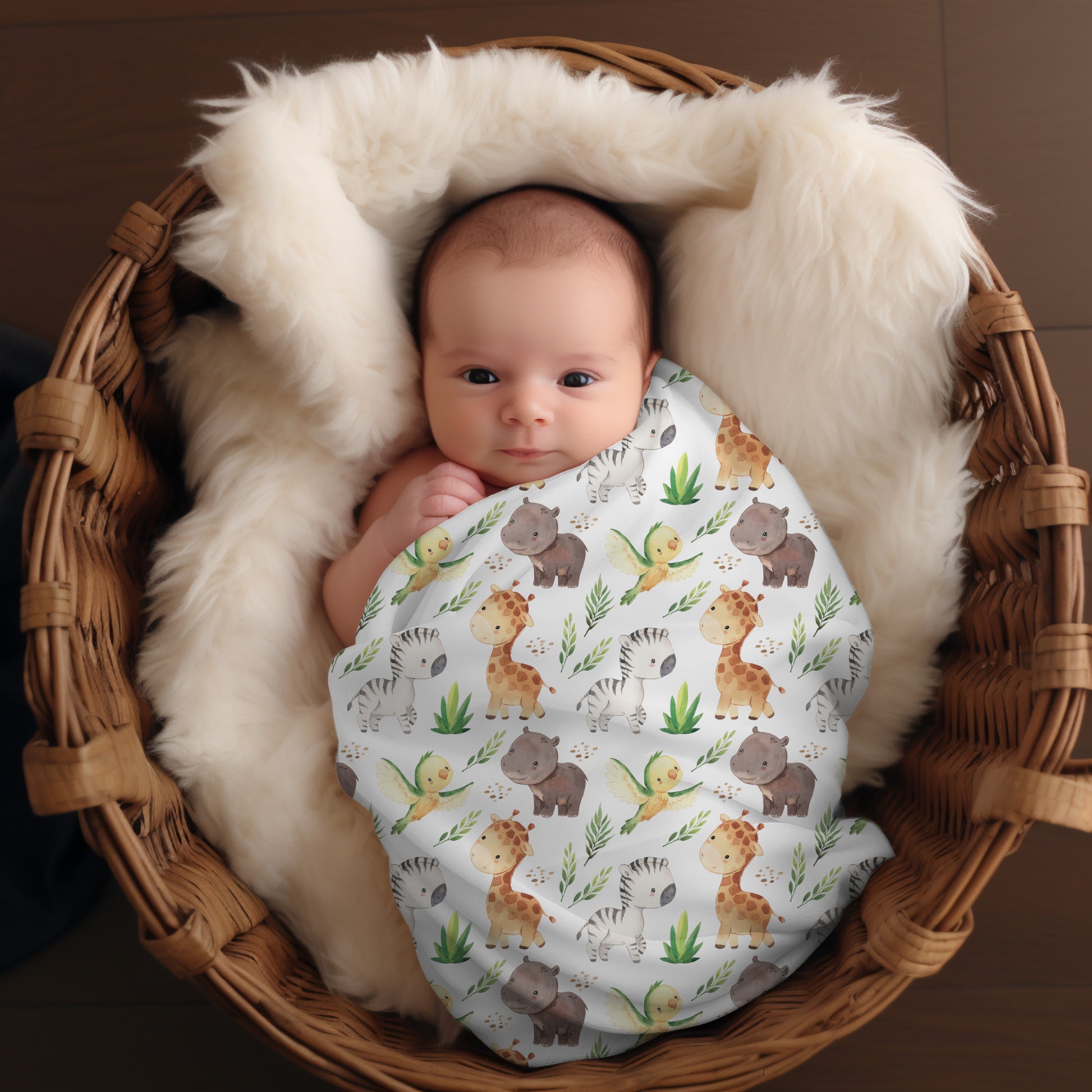 Couverture d'emmaillotage en mousseline de bambou et coton pour bébé, doudou motif bébé safari par 4Timini.