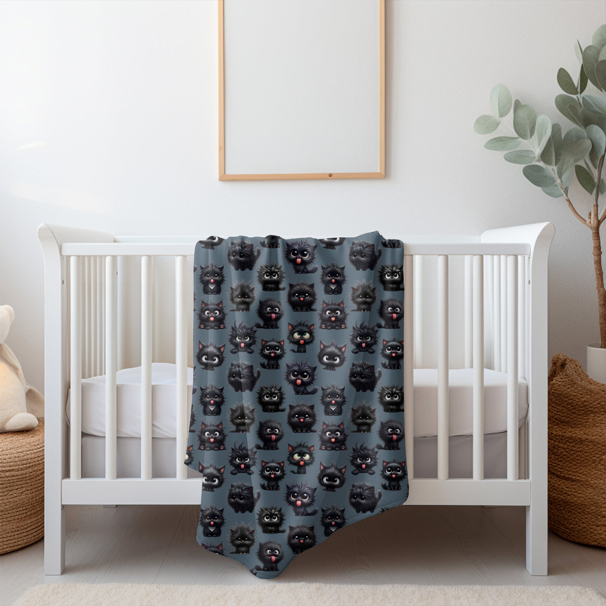 couverture, doudou avec un motif de chat au gros yeux, chaton, noir, drôle, grimace