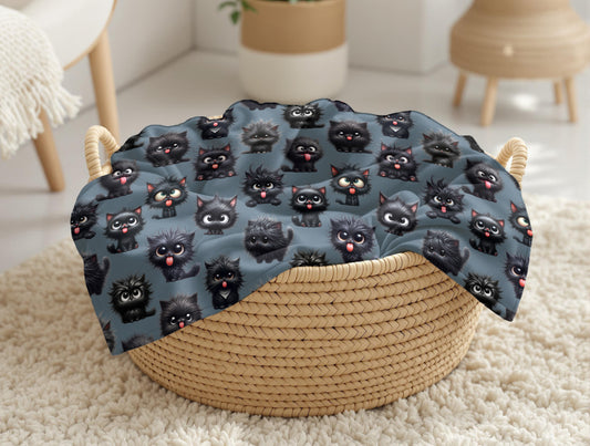 couverture, calinou doudou ultra-douce avec un motif de chat au gros yeux, chaton, noir, drôle, grimace