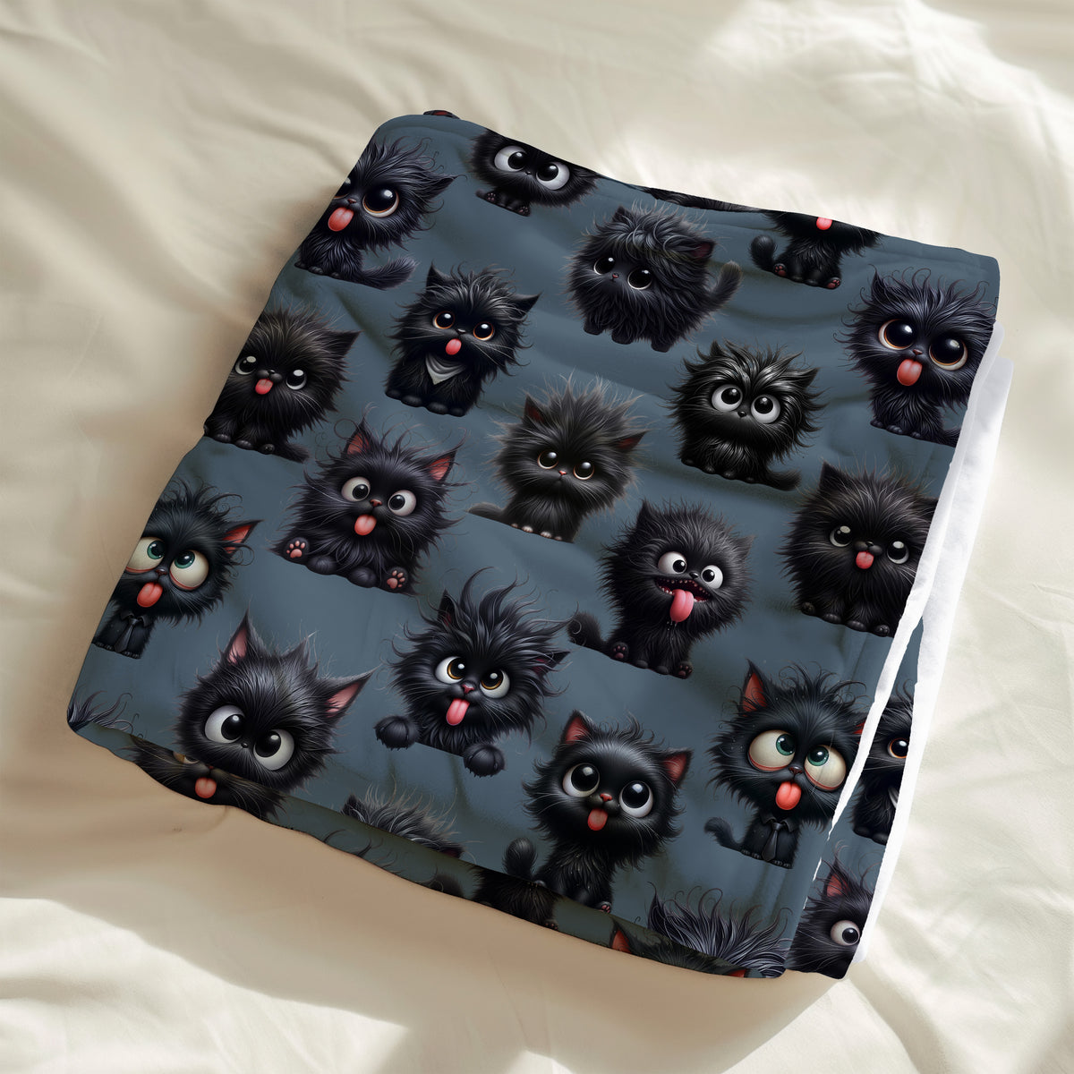couverture, calinou doudou avec un motif de chat au gros yeux, chaton, noir, drôle, grimace