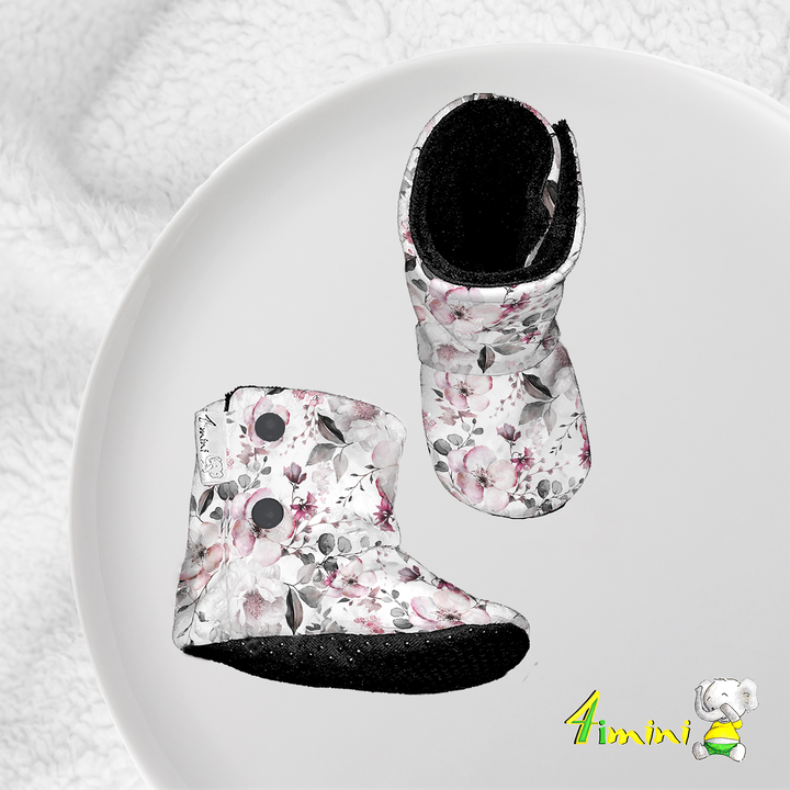 Pantoufles - Fleurs gris et rose