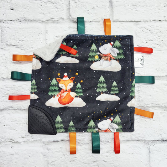 Les amis sous la neige - Doudou étiquettes avec coin de dentition