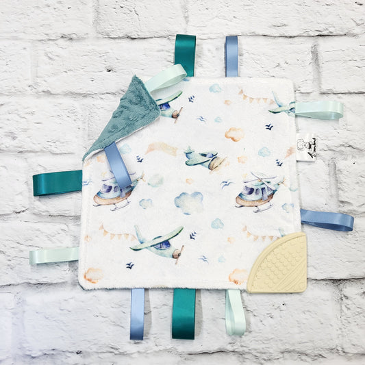 Hélico et avions bleu - Doudou étiquettes craquante avec coin de dentition