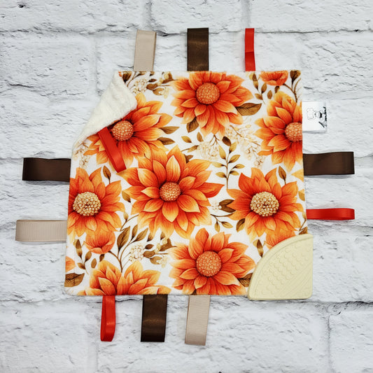 Fleurs de feu - Doudou étiquettes avec coin de dentition