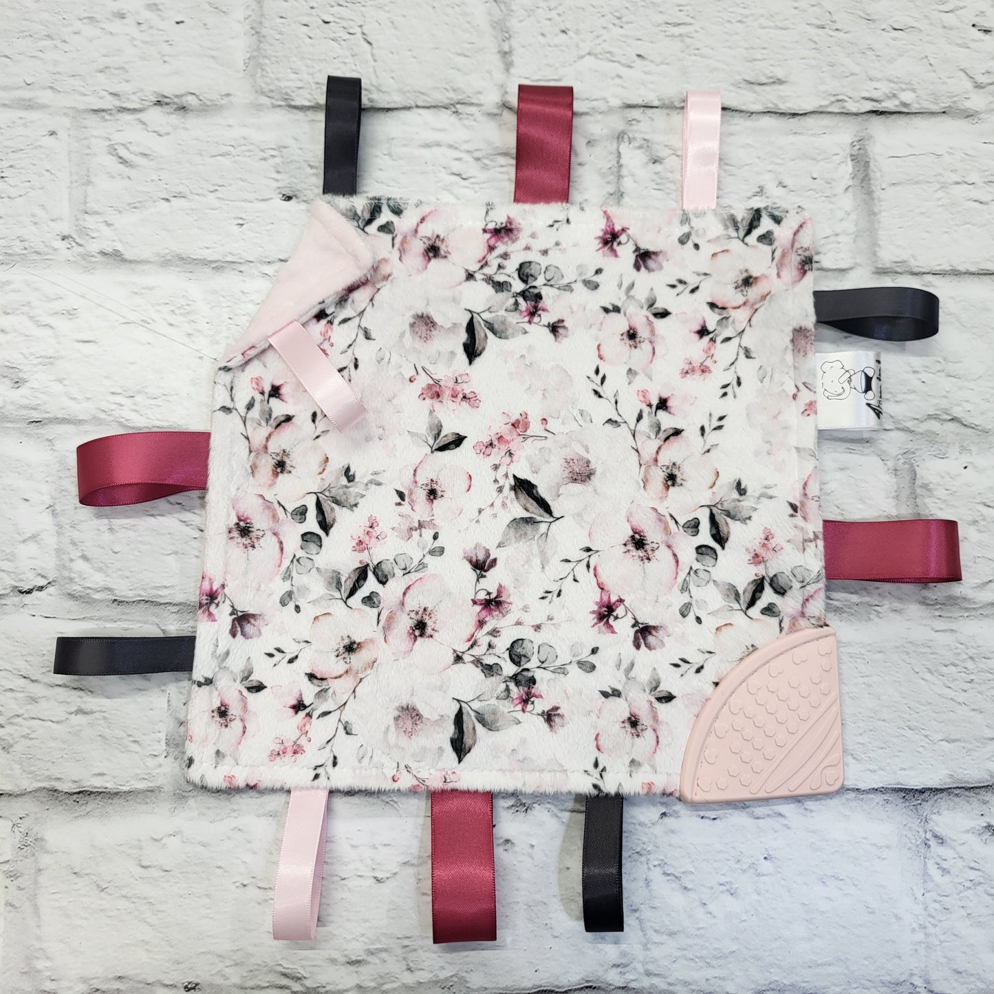 Floral gris rose- Doudou étiquettes craquante avec coin de dentition